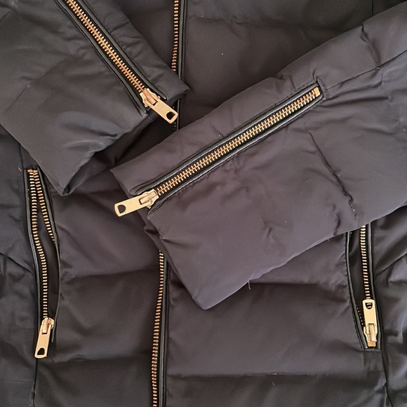 Zara Quilted Down Puffer Jacket with Faux Fur Textured Hood Navy & Gold - Picture 13 of 13